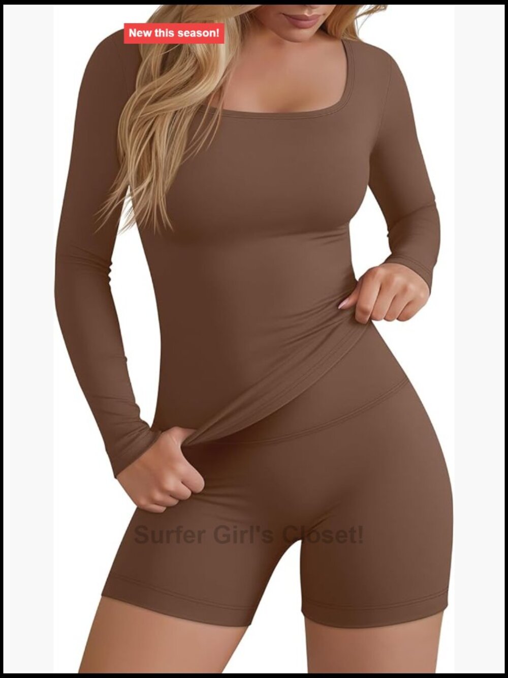 Women's 2-Piece Yoga Set Square Neck Long Sleeve Top High Waist Biker Shorts
